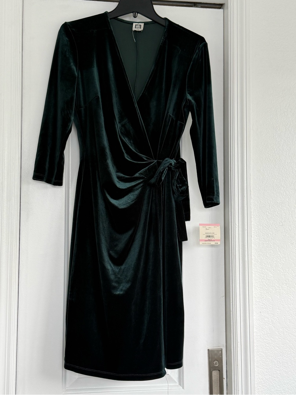 Anne Klein Deep Green Velvet Wrap Dress with Side Tie